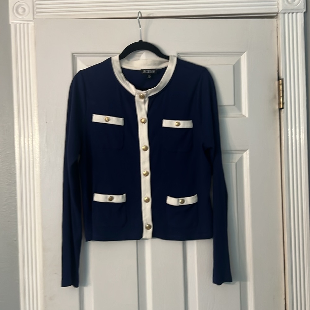 J. Crew Dark Blue/Cream Lady Cardigan sz XL-fits like sz L.